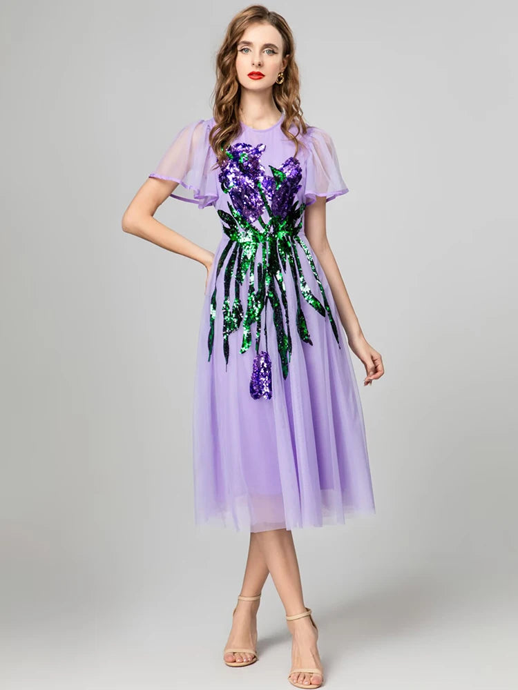 purple and green floral dress SELVI Midi Lilac Sequin Overlay MAMA BAUTIZO Size:6X (8) Fashionable attractive young woman Lime Lush